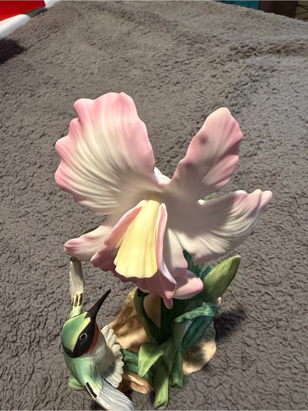 Homco Pink and Cream Orchid with Hummingbird Porcelain Figurine